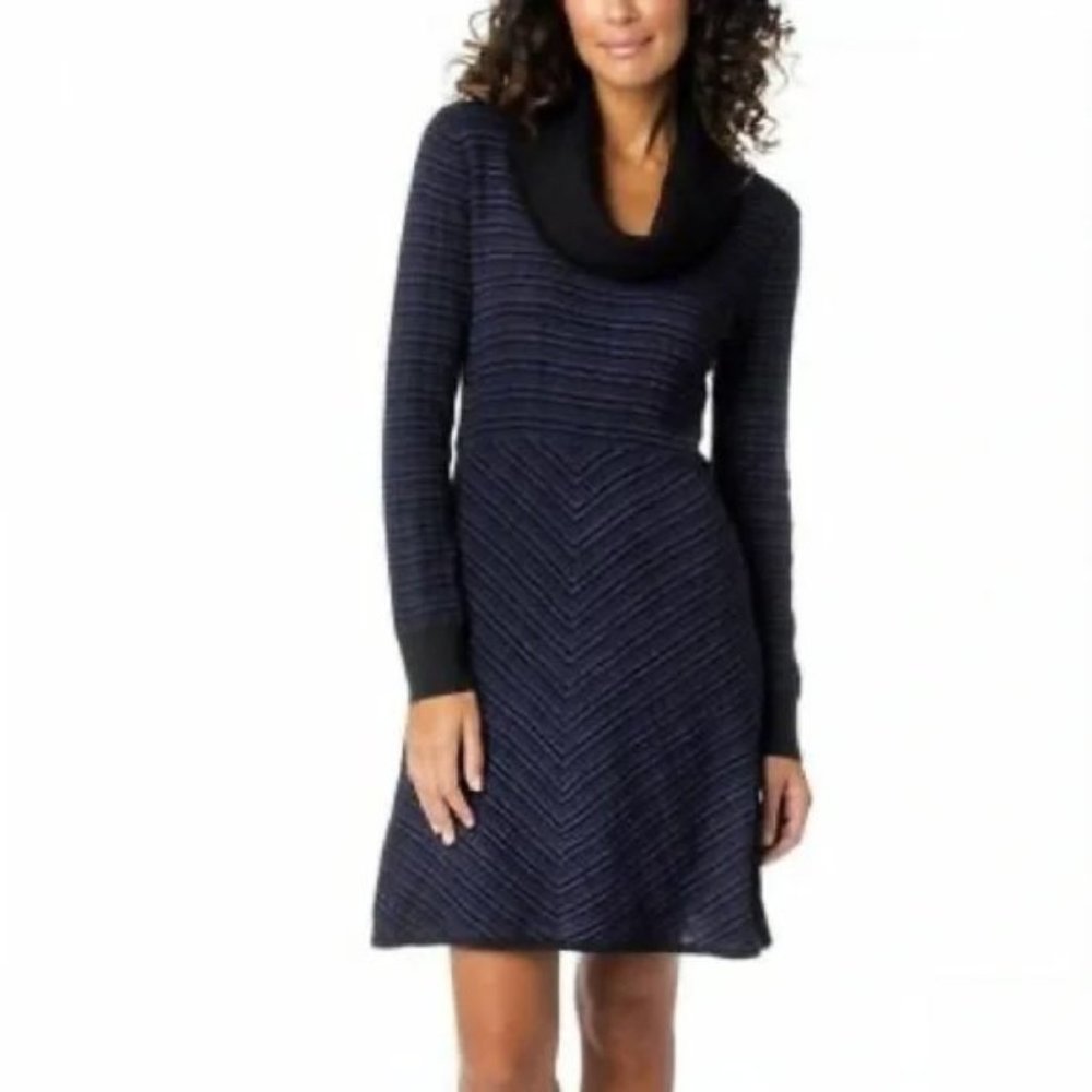 prAna Striped Monica Sweater Dress Charcoal Gray Black Cowl Neck Wool Size M
